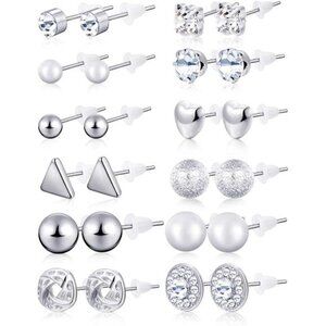 24 Pairs Stud Earrings Crystal Pearl Earring Set Ear Stud Silver Studs